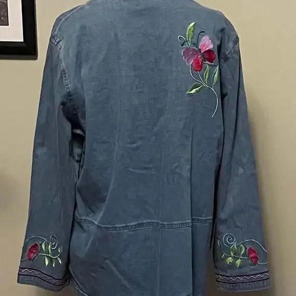 Denim Chore Jacket Teacher Chic Embroidery Jean Sz.L Cottage core - Picture 2 of 8